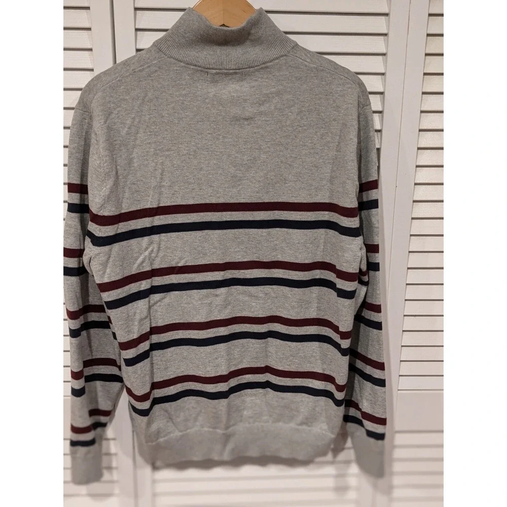 Nautica Men's L Gray Striped‎ Quarter Zip Pullover Sweater Logo Preppy Classic